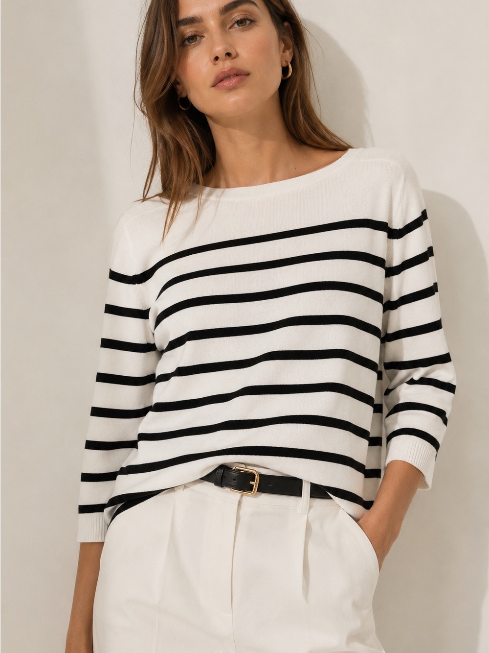 Striped Boatneck Knit Top in White and Black